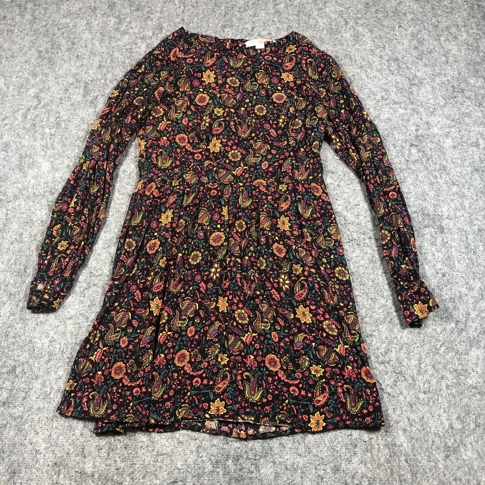 Forever 21 Floral Fit & Flare Dress Womens S Black Long‎ Sleeve Boho Mini